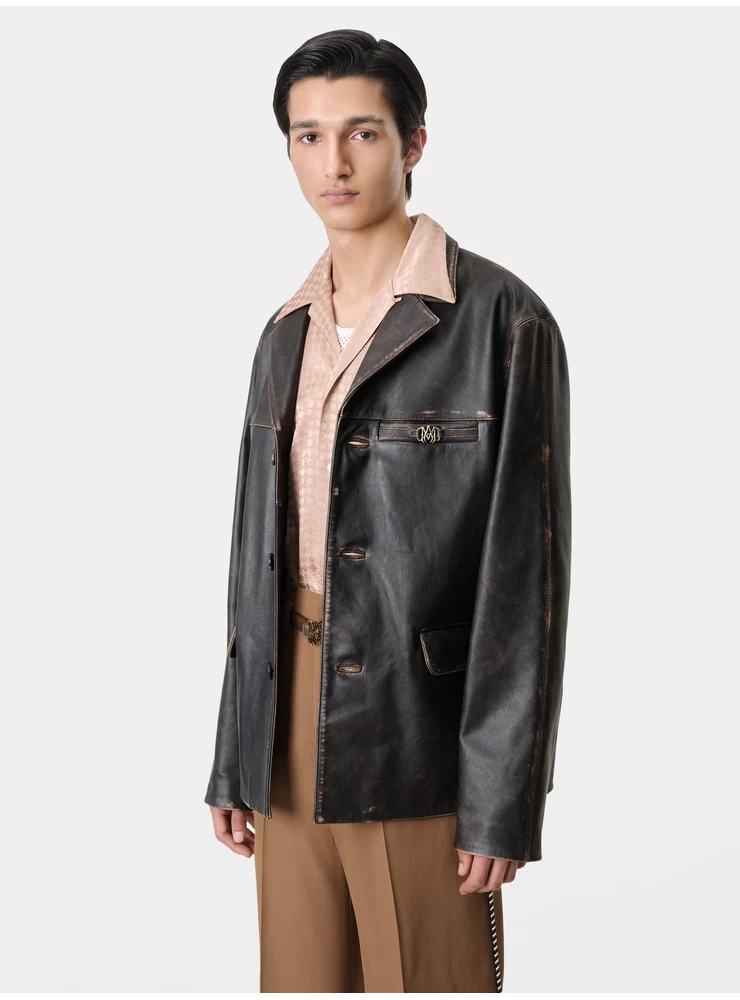 Amiri TUMBLED LEATHER SINGLE BREASTED JACKET - Dark Brown
