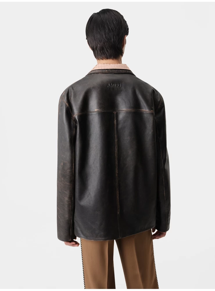 Amiri TUMBLED LEATHER SINGLE BREASTED JACKET - Dark Brown