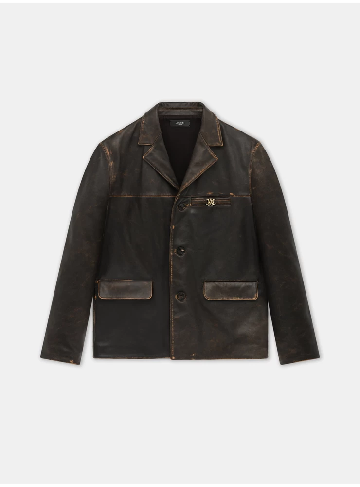 Amiri TUMBLED LEATHER SINGLE BREASTED JACKET - Dark Brown