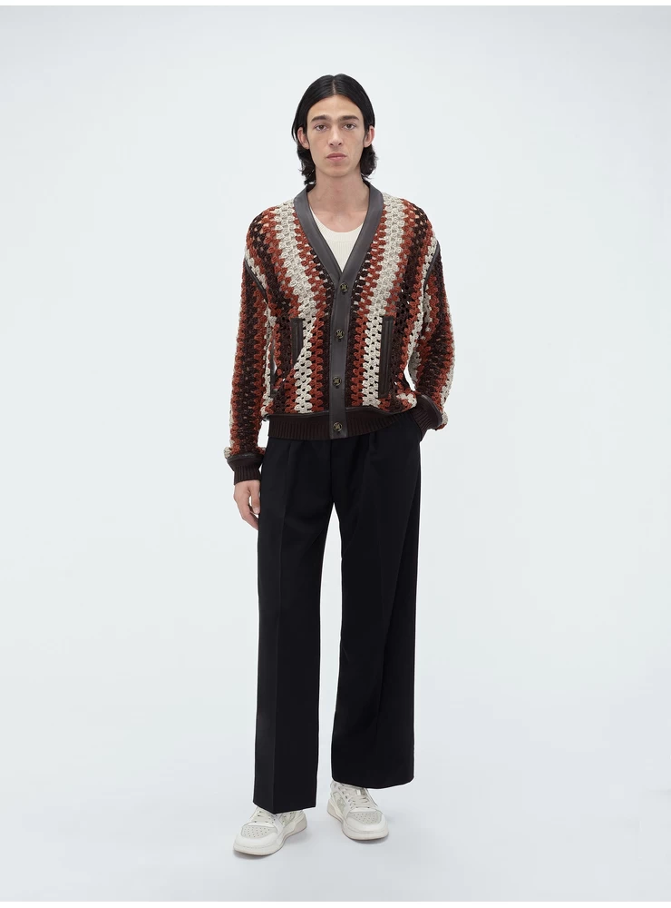 Amiri CROCHET KNIT LEATHER CARDIGAN - Shaved Chocolate