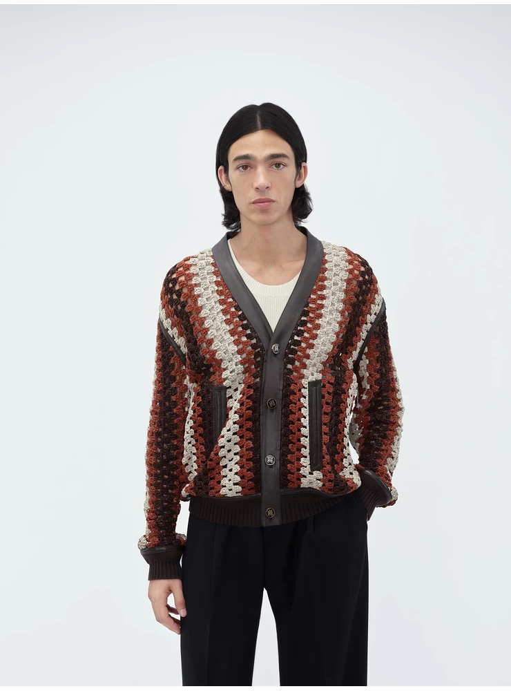 Amiri CROCHET KNIT LEATHER CARDIGAN - Shaved Chocolate