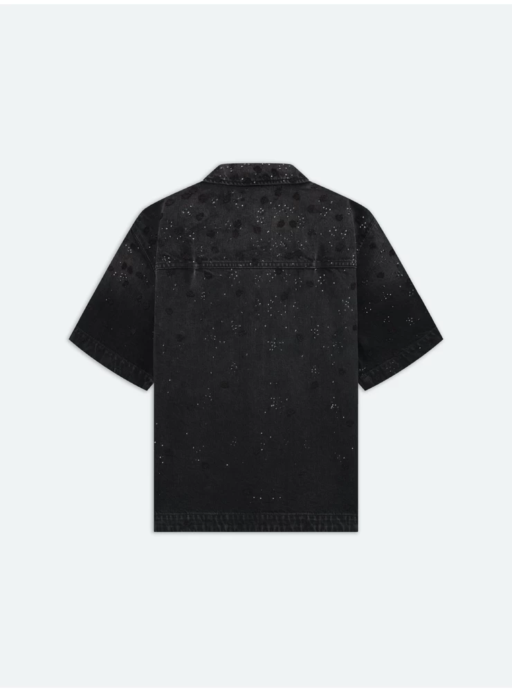 Amiri FLORAL CRYSTAL DENIM SHORT SLEEVE SHIRT - Faded Black