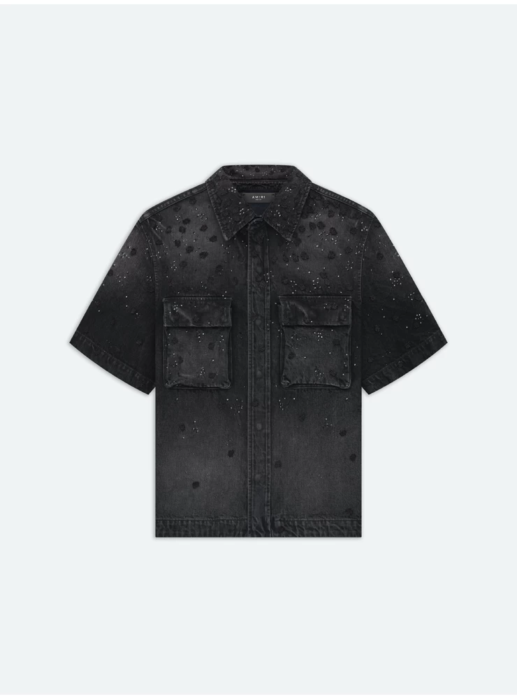 Amiri FLORAL CRYSTAL DENIM SHORT SLEEVE SHIRT - Faded Black